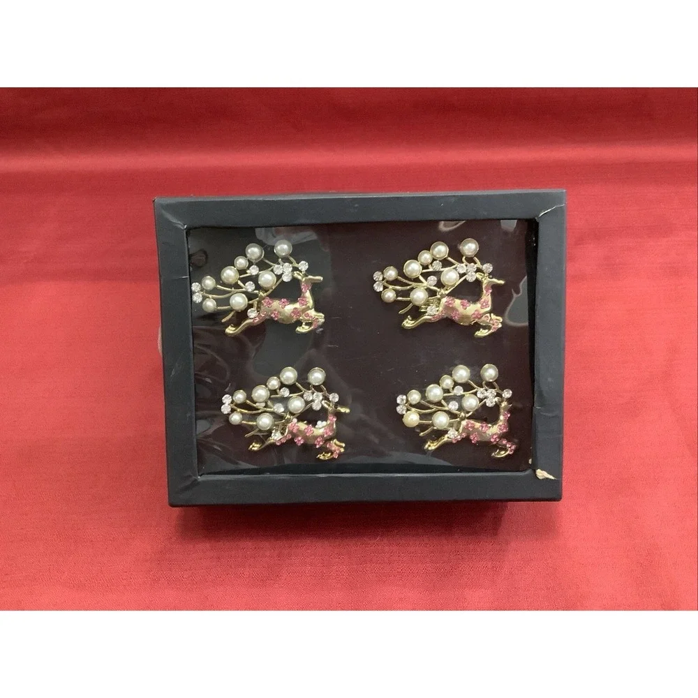 Rachel Zoe Napkin Rings Reindeer Pearls Rhinestones New Set Of 4
